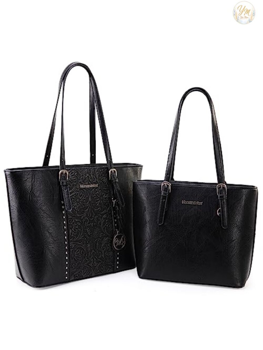 Vegan Leather Tote Bag Set for Women 2-Piece Handbags Embossed Floral Silver